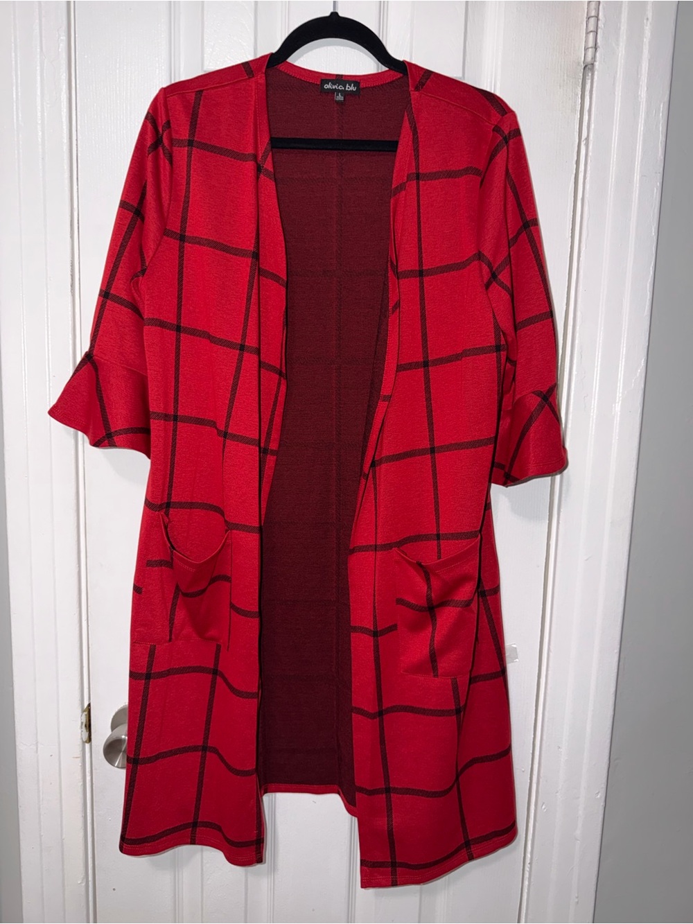 Ava & Viv Red Windowpane Open-Front Cardigan